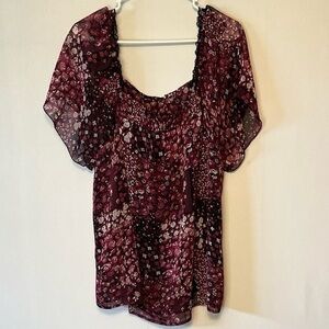 Vtg Flowy Babydoll Top 18/20W purple/Blk Floral Smocked Lace Flutter Sleeve Boho